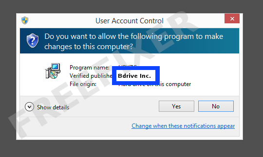 Screenshot where Bdrive Inc. appears as the verified publisher in the UAC dialog